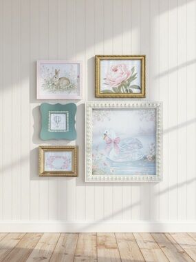 French Style Vintage Framed Gallery Wall Art  Set of 5 Swan, Bunny, floral